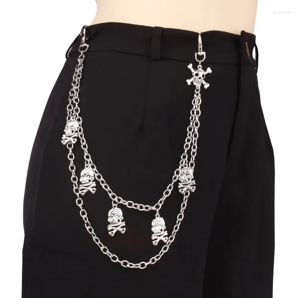 Schlüsselanhänger Hip Hop Doppelschicht Schädel Hosen Kette für Frauen Metall Punk Harajuku Schmuck Zubehör Jeans Schlüsselbund Silber Farbe Hose