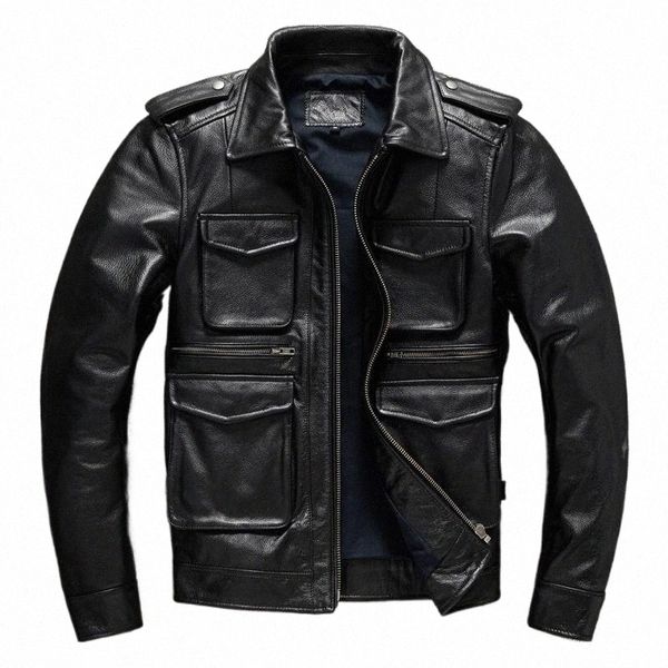 Militär M65 Jacken für Männer schwere schwarze echte Lederjacke Revers Motorrad Top Schicht Rindsleder Jagd Fi Slim Mantel Mann 141m #