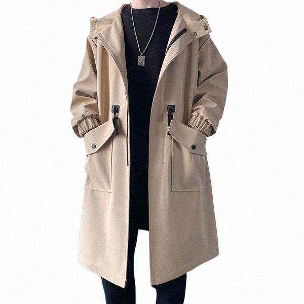 Trenchcoat Herren New FI Mantel Männer Casual Slim Fit Windjacke Feste LG Mantel Männlich Herbst Homme Schwarz/Khaki/Armee grün A7is #