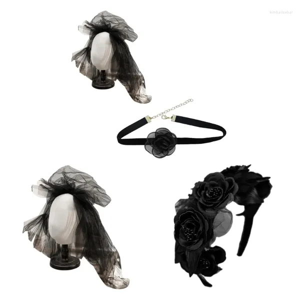 Haarspangen Gothic Blumen Stirnband Schwarzer Schleier Kopfschmuck Halsband Halloween Accessoire