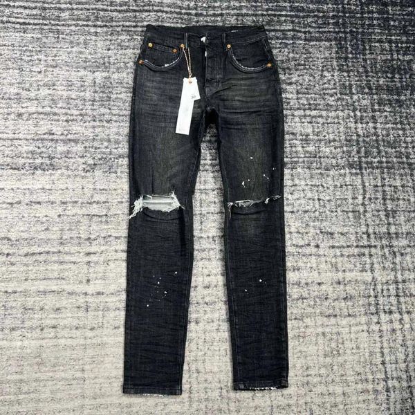 Jeans masculinos homens gotejamento aleatório tintas rasgadas joelho lavagem preto jean