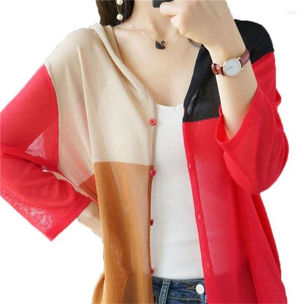 Maglieria da donna Cardigan lavorato a maglia da donna Camicia estiva sottile con protezione solare Cappotto di moda casual Top Felpe con cappuccio in seta di ghiaccio di lino Capispalla femminile