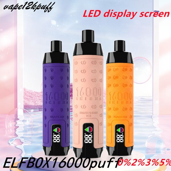 Elf Box16000Puff Vaper LED ekran ekran Puff16k Şarj Edilebilir E-şekilli Sigara Mesh Bobin Vape Kalem Çubuk 28ml 0% 2% 3% 5% 16kpuff Vaper Hava Akışı Ayarı ile