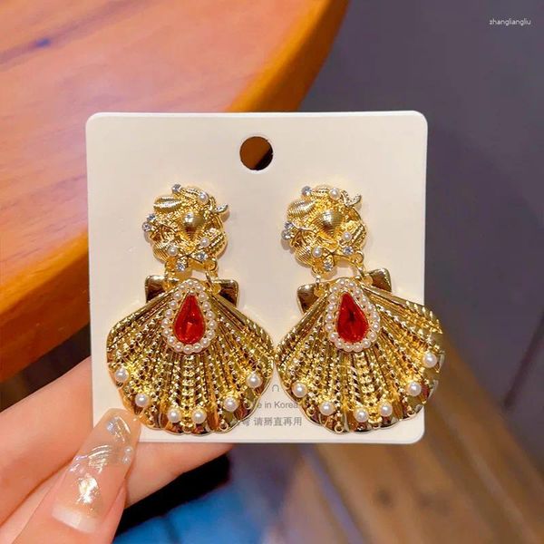 Brincos pendurados femininos vintage em forma de concha brinco romântico cristal vermelho delicado joias da moda coreana joias requintadas