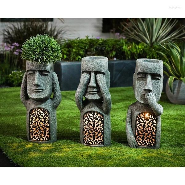 Estatuetas decorativas ver ouvir falar nenhum mal jardim ilha de páscoa estátuas escultura de resina decoração ao ar livre casa vaso estatueta decoração