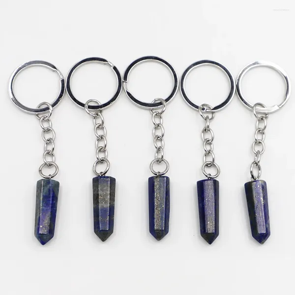 Chaveiros Bonito Natural Lapis Lazuli Chaveiro Hexagonal Apontado Pingente Reiki Chakra Colar Chaveiro Chaveiro Anel Bolsa Acessório de Jóias