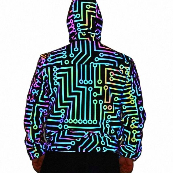 Männer geometrische Schaltung Linien bunte reflektierende Jacken Hip Hop Windjacke Männer reflektieren Licht lässige Mäntel Jaqueta Masculina U1cR #