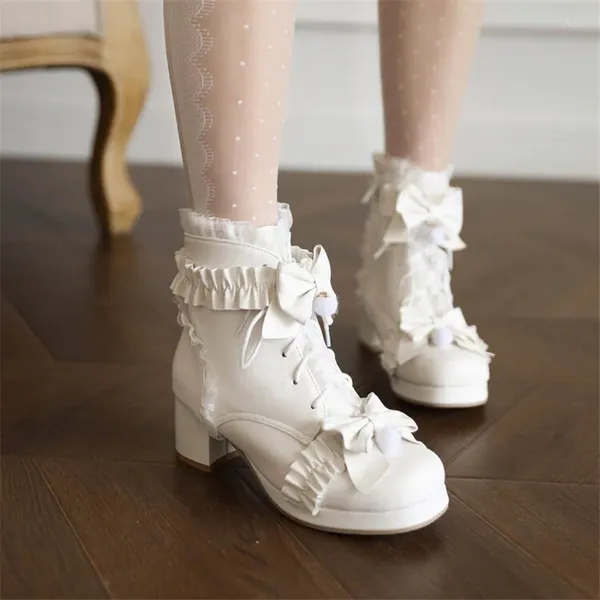 Stiefel PXELENA Butterfly-Knot Cosplay Uniform JK Knöchel Spitze Lolita Mary Jane Chunky Mid Heels Preppy Sweet Princess Schuhe Damen