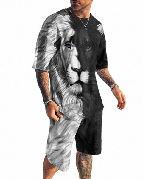 Летние мужские повседневные комплекты футболок для мужского спортивного костюма Fi, комплект из 2 предметов, одежда большого размера, костюм животного Li Tiger, уличная одежда для спортзала 2023 Q2ss #