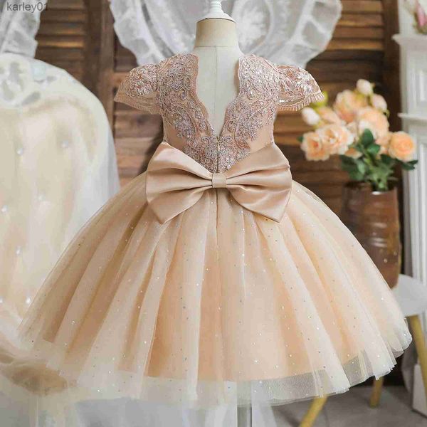 Vestidos da menina da criança meninas primeiro aniversário vestidos de festa bonito arco crianças princesa renda tule vestido curto flor meninas vestidos para casamento 1-5 ano yq240327