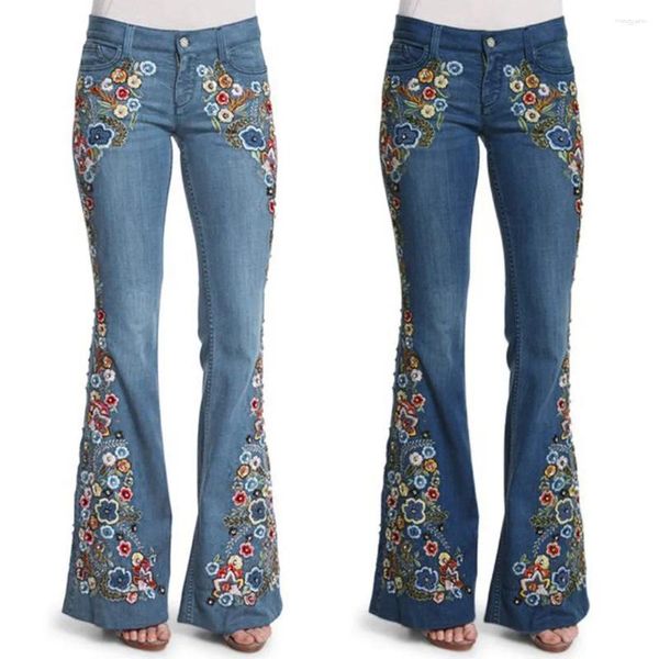 Jeans da donna Pantaloni a zampa di denim ricamati floreali retrò da donna Pantaloni dritti invecchiati Plus Size Elegante palazzo gamba larga