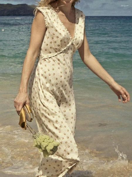 Vestidos casuais mulheres lace-up backless midi vestido profundo v floral impressão praia estilo sem mangas cintura alta senhoras magro robe verão 2024