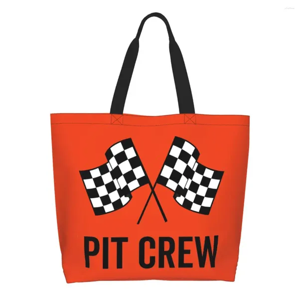 Sacos de compras Personalizado Race Car Pit Crew Checkered Flag Canvas Bag Mulheres Lavável Grande Capacidade Mercearia Racing Sport Shopper Tote