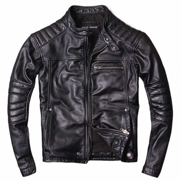 navio livre. Roupas de couro masculino estilo vintage, jaqueta de couro de motociclista de qualidade, casaco de couro genuíno preto fi.homme slim, m8zD #