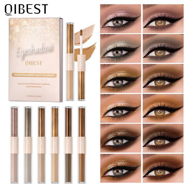 QI 6 Farben Doppelkopf-Flüssig-Lidschatten-Sets 2-in-1-Stick Glitzer-Schimmer-Lidschatten Natürliche Creme Matte Augen Make-up-Kits 240313