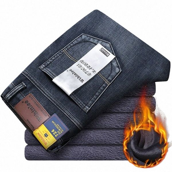 Inverno térmico quente flanela estiramento jeans dos homens inverno qualidade famosa marca calças de lã em linha reta reunindo calças denim jean q25m #