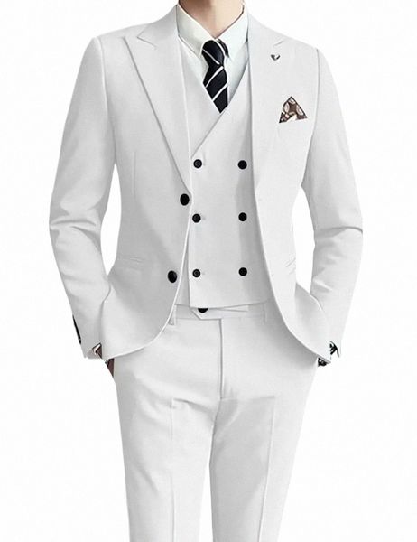2024 Katı Beyaz Erkekler Takım Resmi Düğün Groomman Smokin Çifte Göğüslü Zarif İnce Fit Blazer 3 Parça Set Vestido De Novia 532a#
