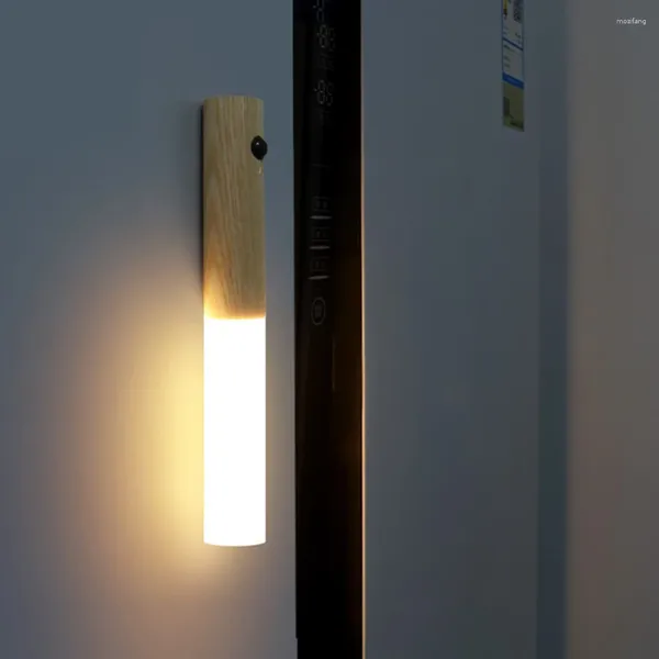 Lâmpada de parede criativa boa vara inteligente sensor humano luz casa simples grão de madeira quarto corredor usb recarregável noite