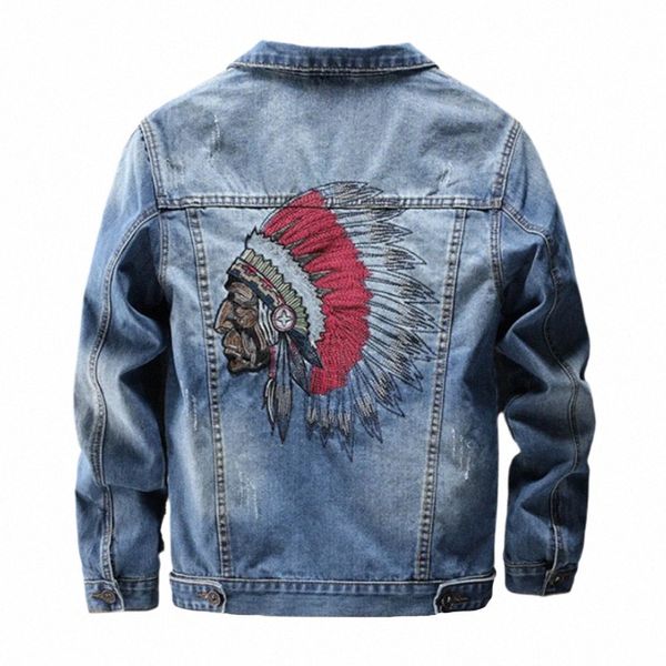 Indian Chief Bordados Jaquetas Jeans Homens, Retro Azul Streetwear, Rasgado Casaco Slim, Casual Motocicleta Outwear, Primavera e Outono W7Ra #