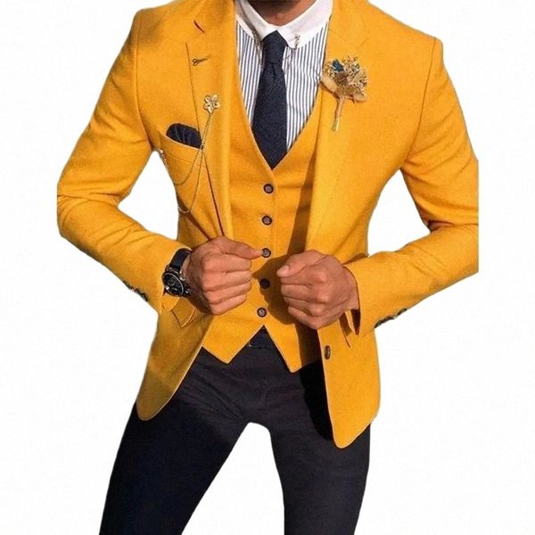 Узкие мужские костюмы из 3 предметов на свадьбу Элегантный мужской деловой костюм с двумя задницами Желтый свадебный смокинг для жениха Мужской пиджак + брюки + жилет y45o #