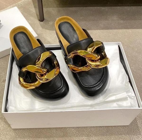 London Luxury Tacco piatto Pantofola classica JW Mocassini Pantofole Sandali JA Vera pelle Fondo in legno Sandalo con catena dorata lusso Fash2185325