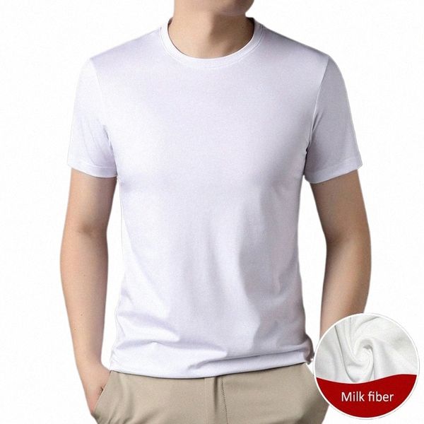 Tecido de seda de leite de alta qualidade nova camisa de cor sólida em torno do pescoço camiseta para homem 2023 verão de manga curta casual fi masculino wear 47C4 #