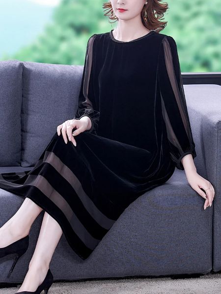 Abito longuette vintage da donna in velluto nero Autunno elegante abiti da sera da ballo Moda coreana Oneck Splicing Casual Robe Longue 240327