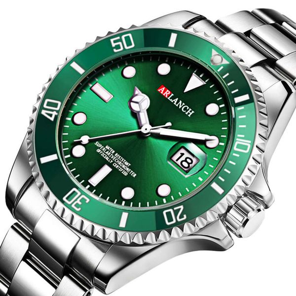 Grünes Wassergeister Edelstahlmänner Nacht Glow Anti Diving Calendar Quarz Stahlband Uhr
