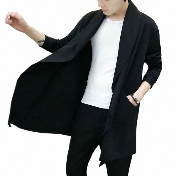 Autunno Uomo Fi stile coreano Lg Trench Cappotto con cappuccio Mantello Abrigo Hombre Uomo Punk Hip Hop Cardigan Casual Streetwear Cape M4C7 #