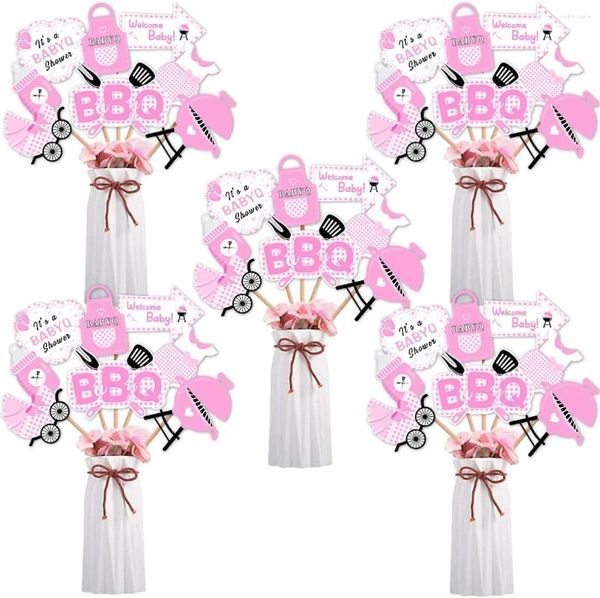 Decorazione per feste Funmemoir 24 pezzi Centrotavola per barbecue Baby Shower Decorazioni per bastoncini per ragazza Topper da tavolo rosa Q Tema barbecue