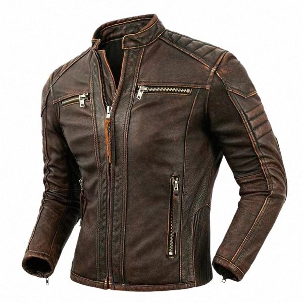 Top-Qualität Rindsleder Echtes Lederjacke Herren FI Retro Old Collar Bikerjacke Frühling und Herbst Neuer Stil A4Wr #