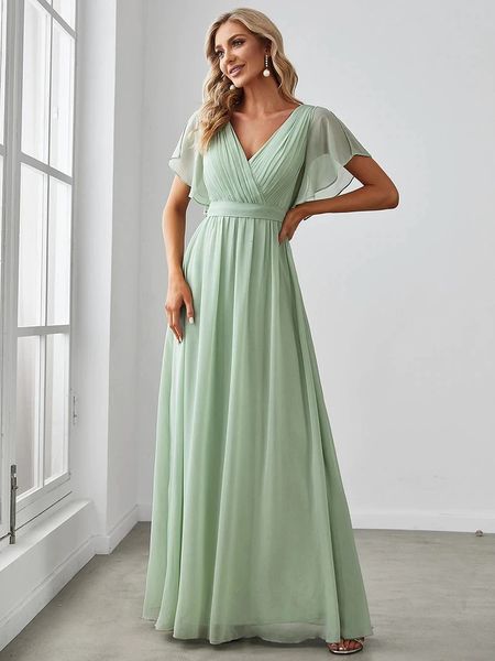 Abiti da sera eleganti lunghi A LINE manica corta scollo a V in chiffon abito lungo fino al pavimento 2024 mai carino di Simple Prom Women Dress240327