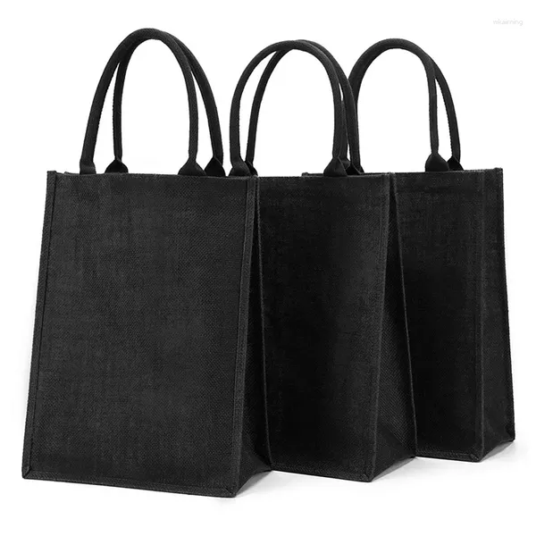 Borse per la spesa Kf-3 PC Tote in iuta foderata in tela con manici Borsa della spesa riutilizzabile per donna Tinta unita Nera