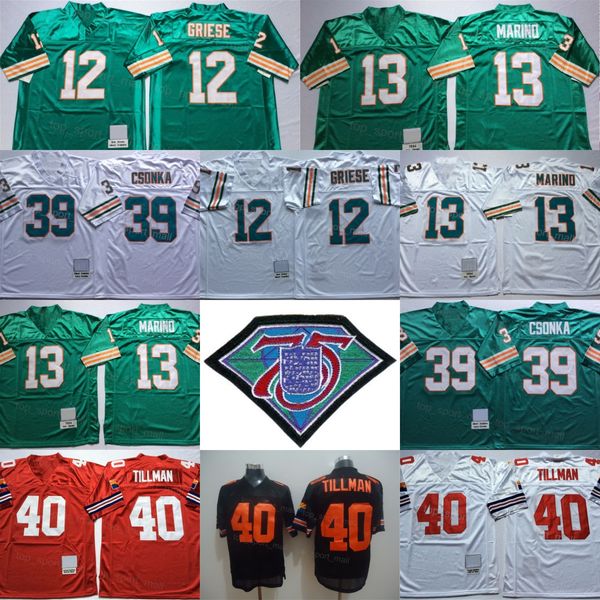 Retro Foobtall 40 Pat Tillman Jersey 1994 Vintage 12 Bob Griese 13 Dan Marino 39 Larry Csonka 75º aniversário Preto Vermelho Branco Verde Homem Vintage Tudo Costurado Equipe