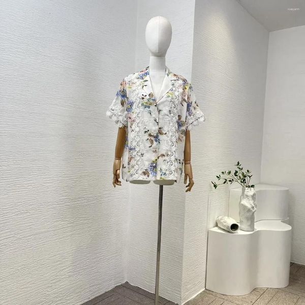 Calças femininas de duas peças branco qualidade superior 2024 ramie floral impressão oca out bordado renda patchwork blusa solta tops e perna larga para