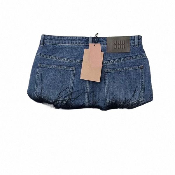 Pena de pele retalhos designer denim saia feminina azul mini saias dr sexy luxo jean saias d6x1 #