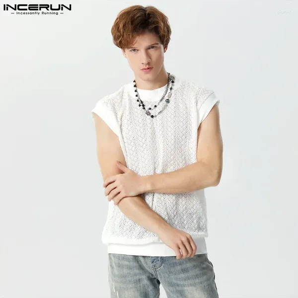 Männer Tank Tops 2024 Mesh Spitze Transparent Oansatz Ärmellose Sexy Casual Westen Streetwear Fashion Männer Kleidung S-5XL INCERUN