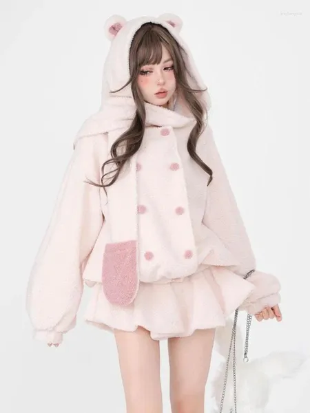 Arbeitskleider Winter Warm Kawaii Zweiteiliges Set Frauen Wolle Koreanischer eleganter Rockanzug 2024 Japanischer süßer Kapuzenmantel Lolita Party Mini