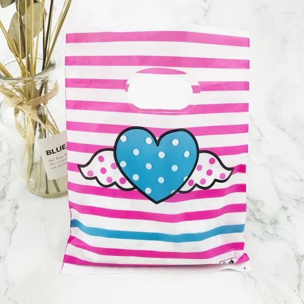 Sacchetti regalo con sacchetto di plastica a righe rosa, per riporre biscotti, colore, stampa a cuore, forniture per feste di matrimonio e compleanno, 100 pezzi