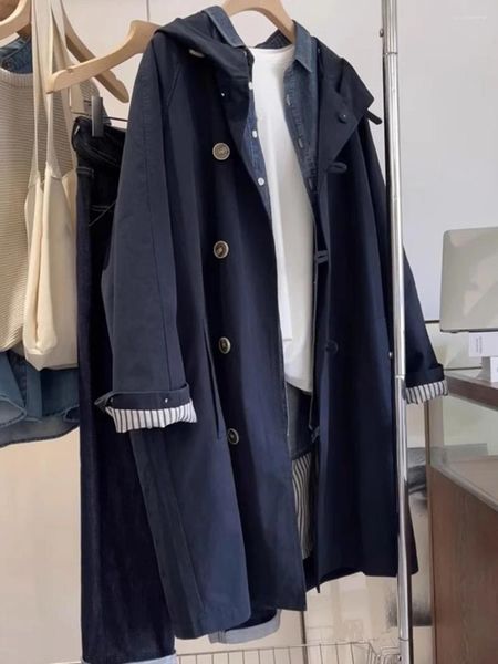 Damen Trenchcoats SuperAen Frühling Herbst 2024 Marineblauer Kapuzenmantel Lässig