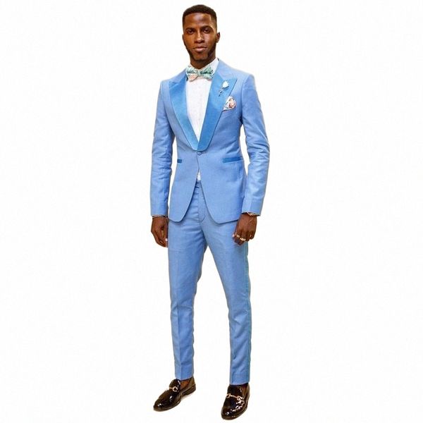 Light Sky Blue Men's Suit One Butt Masculino Blazer Define Slim Fit Smoking Jacket e Pants Peaked Lapel 2 Pieces Wedding Groom Wear w5Yh #