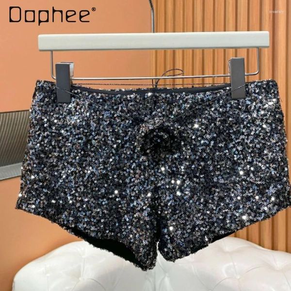 Frauen Shorts Mädchen Paillette Jacquard Mantel 2024 Frühling Sexy Schwarz Pailletten Niedrige Taille Abnehmen A-Linie Hosen