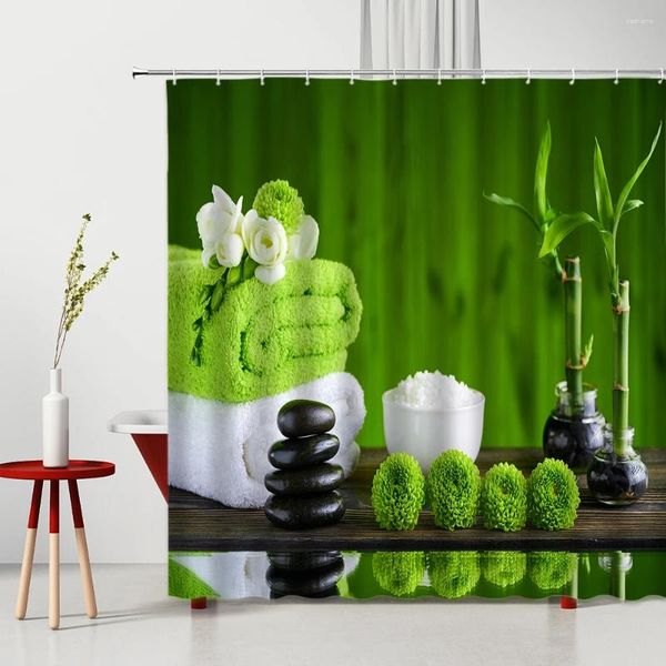 Занавески для душа, занавеска на тему спа, дзен, каменный цветок, свеча, зеленые листья бамбука, моющийся набор декора для ванной комнаты с крючком, орхидея для ванны