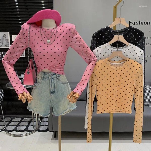 Camiseta feminina moda menina polka dot design elástico ajuste emagrecimento protetor solar versátil casual manga comprida topo para mulher camiseta