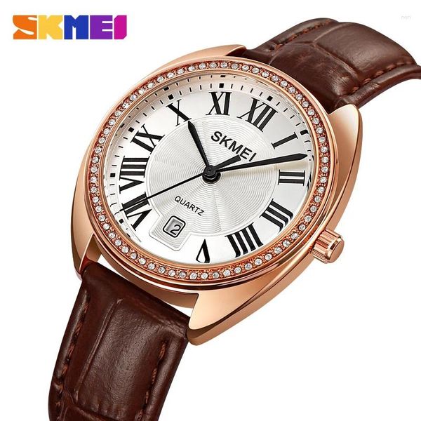 Наручные часы SKEMI Кварцевые женские часы из натуральной кожи с большим указателем, римский цифровой кожаный ремешок, красный, коричневый, белый, водонепроницаемый циферблат 2183