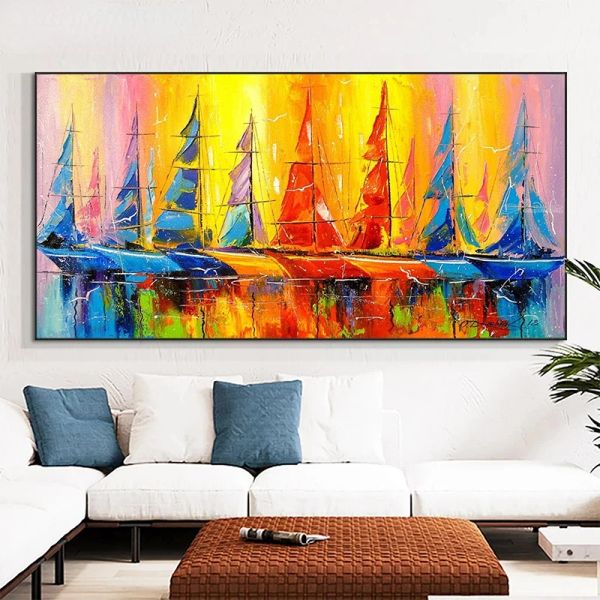 Caligrafia abstrata moderna colorida barco a vela pintura em tela cartaz e impressão arte da parede sala de estar sem moldura