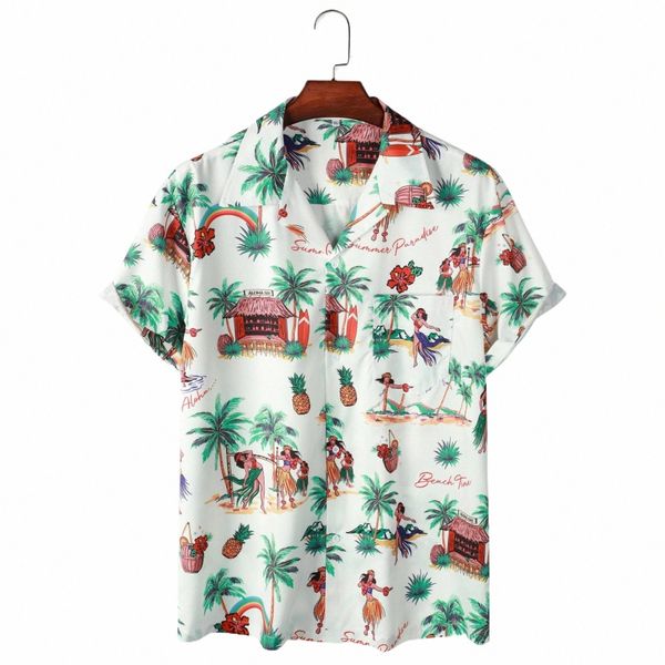 2024 Sommer Herren Hawaiian Shirt Japanische Wellen Gedruckt Fi Street Kurzarm Plus Größe Camp Kragen Männer Strand Blumenhemden o2OP #