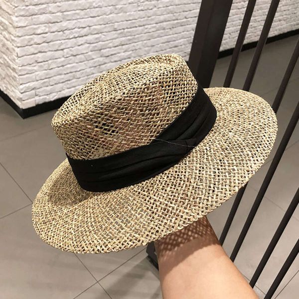 Instagram соломенная тканая интернет-знаменитость с плоским верхом детская шляпа от солнца в европейском и американском стиле британская мода для путешествий полая шляпа от солнца