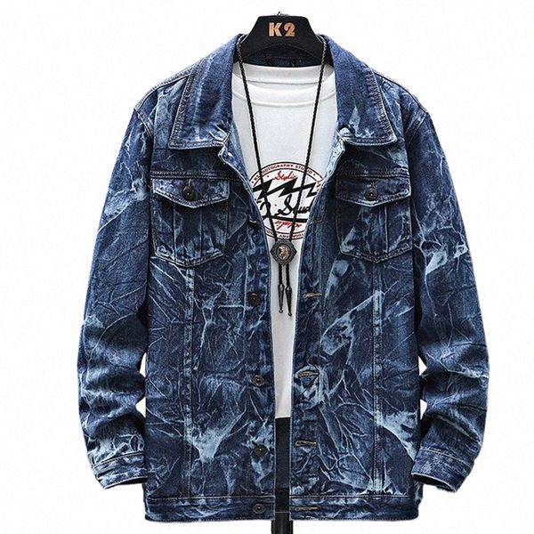 Plus Size 8XL Giacca di jeans da uomo Tie-dye Jean Jacket Cargo Coat Fi Cappotto di jeans casual Maschile Big Size 8XL X82V #