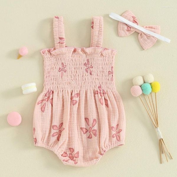 Conjuntos de roupas nascidos infantil bebê menina floral macacão sem mangas cinta smocked algodão linho bolha bodysuit flor macacão shorts